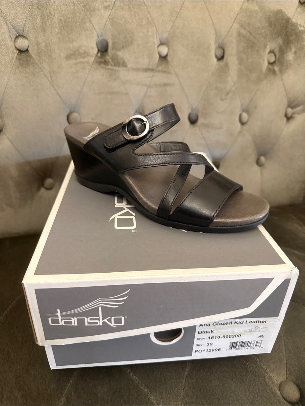 Dansko Black Leather Strappy Wedge Sandals with Buckle